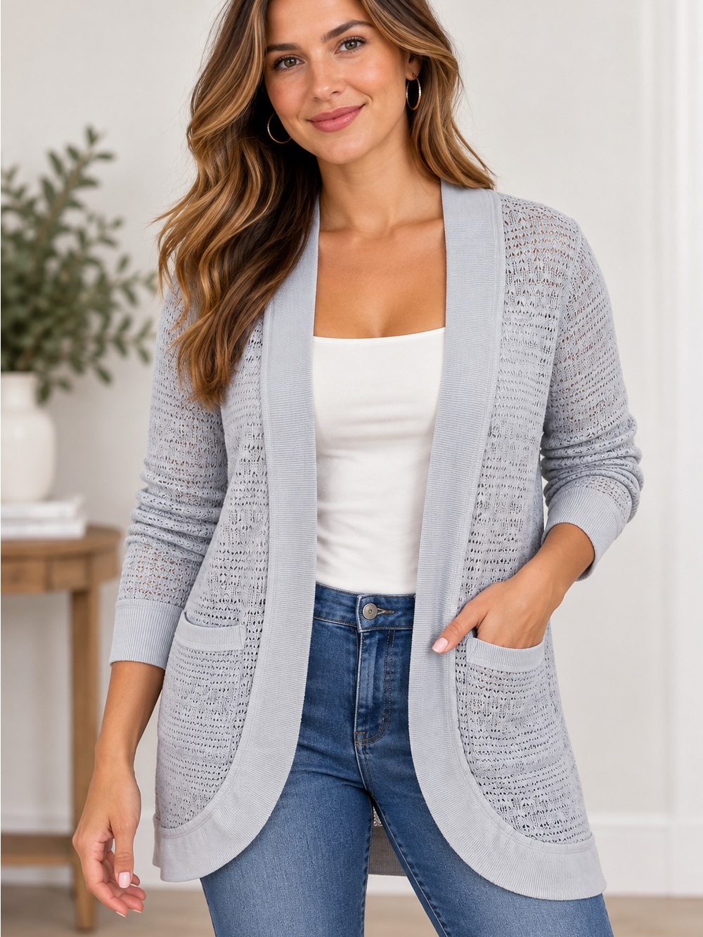 Doe & Rae Light Gray Open-Front Knit Cardigan